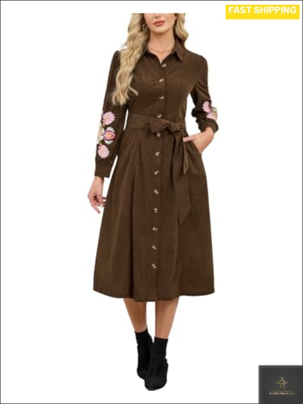 Corduroy Embroidered Maxi Shirt Dress Long Sleeve Button Down Belted